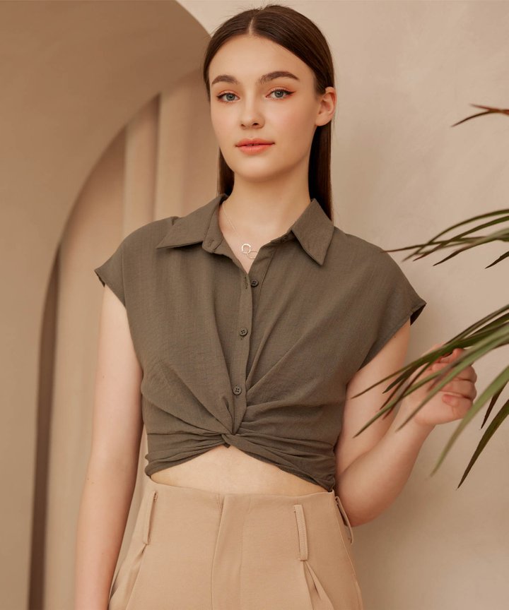 Clair Knotted Front Top - Roman Coffee