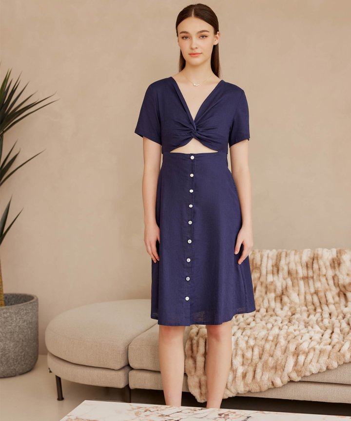 Adona Twist Front Midi Dress - Navy