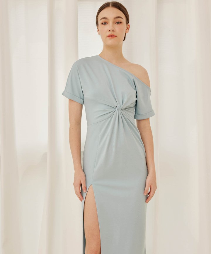 Benedita One Shoulder Draped Dress - Sky Blue