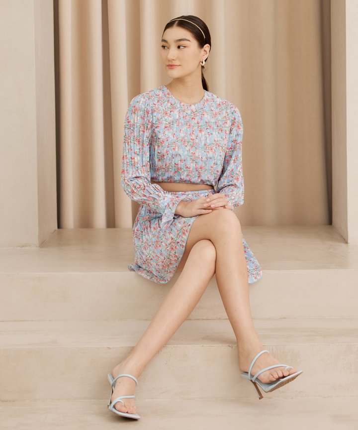 Babylon Pleated Floral Blouse - Blue Haze