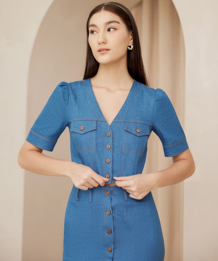 Ondine Chambray Crop Top - Dusk Blue
