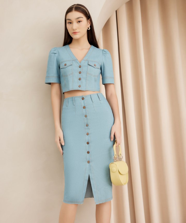 Ondine Chambray Crop Top - Light Blue
