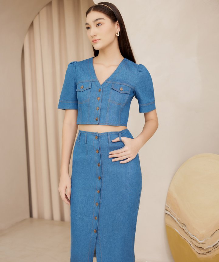 Ondine Chambray Pencil Skirt - Dusk Blue