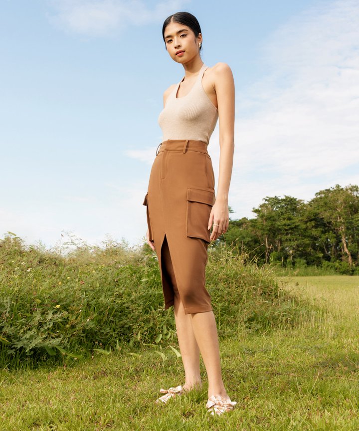 Kira Halter Knit Top - Light Fawn