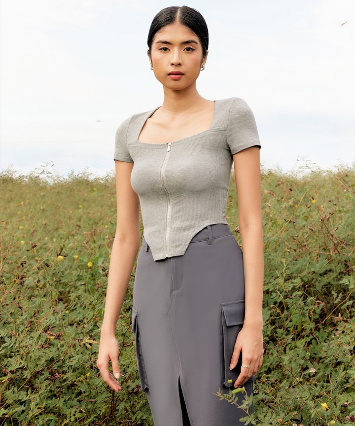 Ellis Zip Knit Tee - Heather Grey