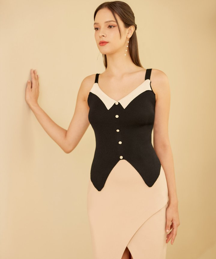 Pixie Contrast Collar Top - Black (Restock)