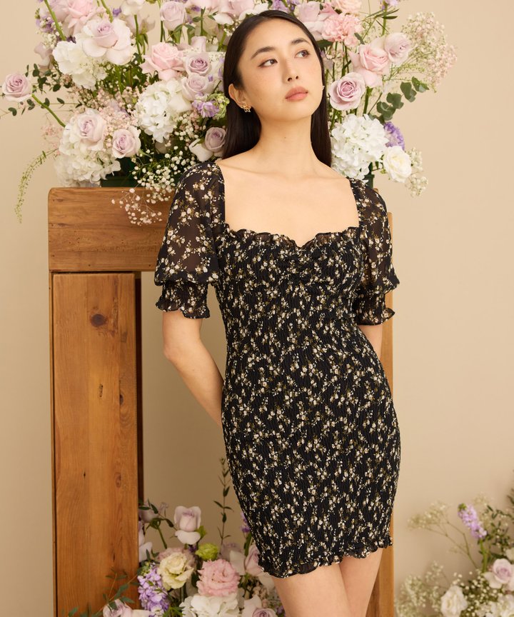 Caricia Floral Smocked Dress - Black