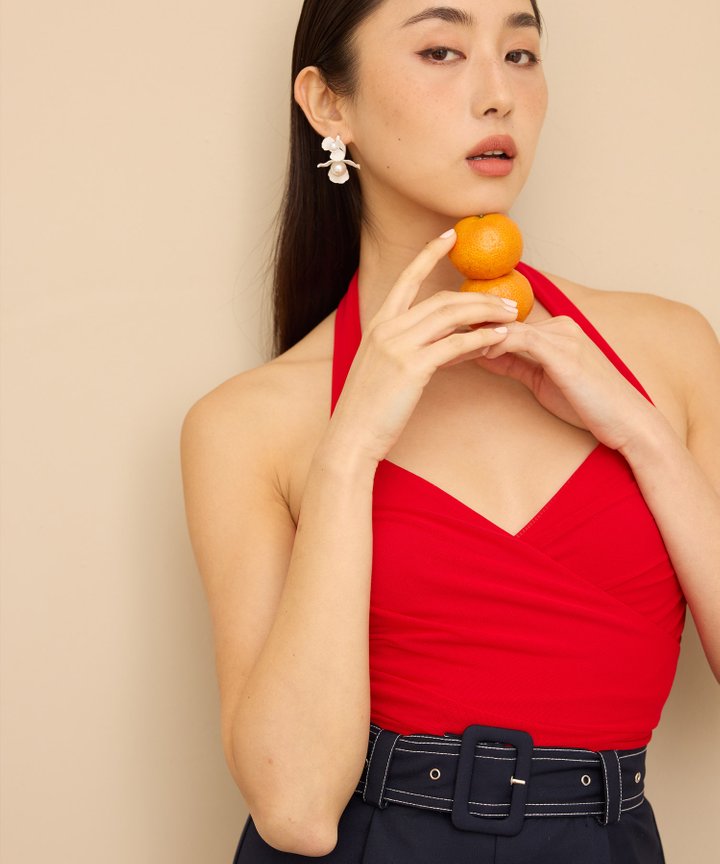 Miri Ruched Halter Top - Hot Sauce