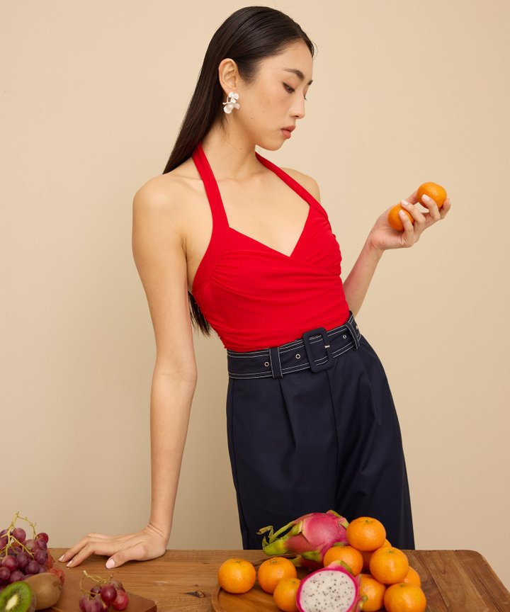 Miri Ruched Halter Top - Hot Sauce