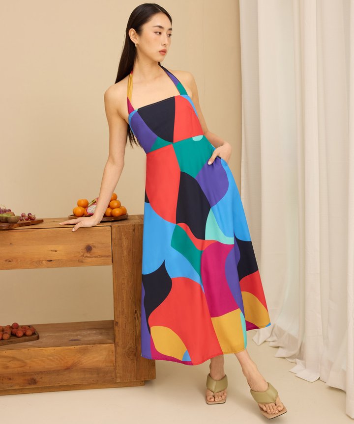 Xiomara Abstract Halter Dress - Blue Horizon