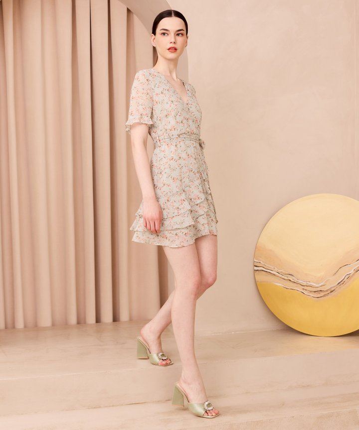 Bellare Floral Ruffle Overlay Dress - Light Green