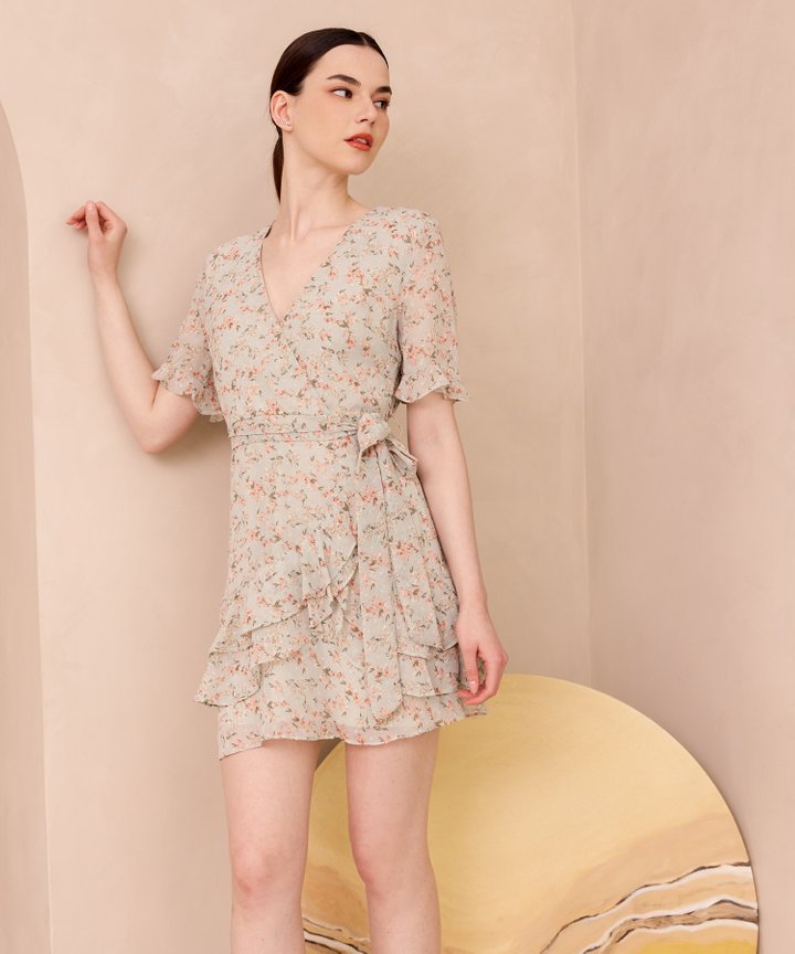 Bellare Floral Ruffle Overlay Dress - Light Green