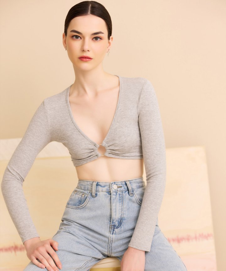 Yvette Cropped Long Sleeved Top - Grey