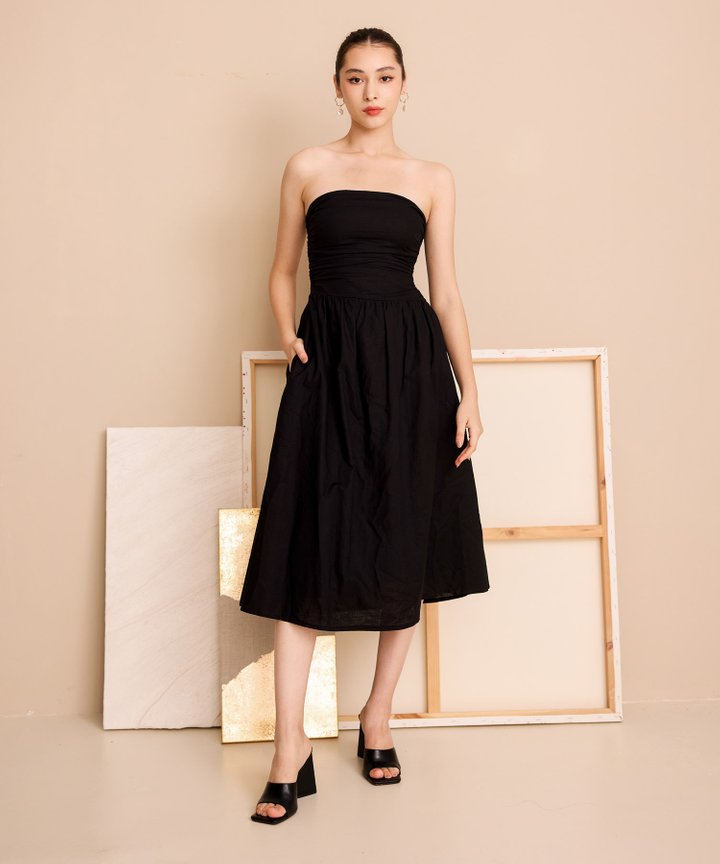 Citara Ruched Linen Midi - Black