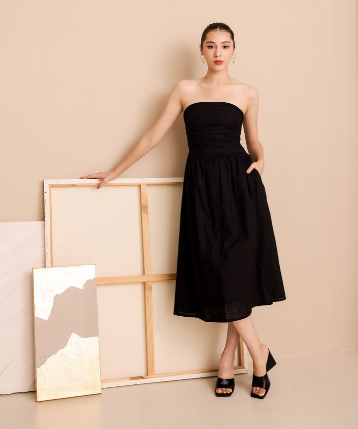 Citara Ruched Linen Midi - Black
