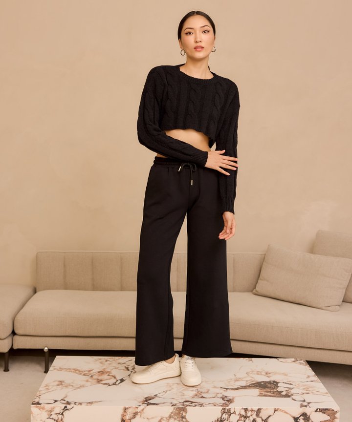 Henley Cable Knit Sweater - Black