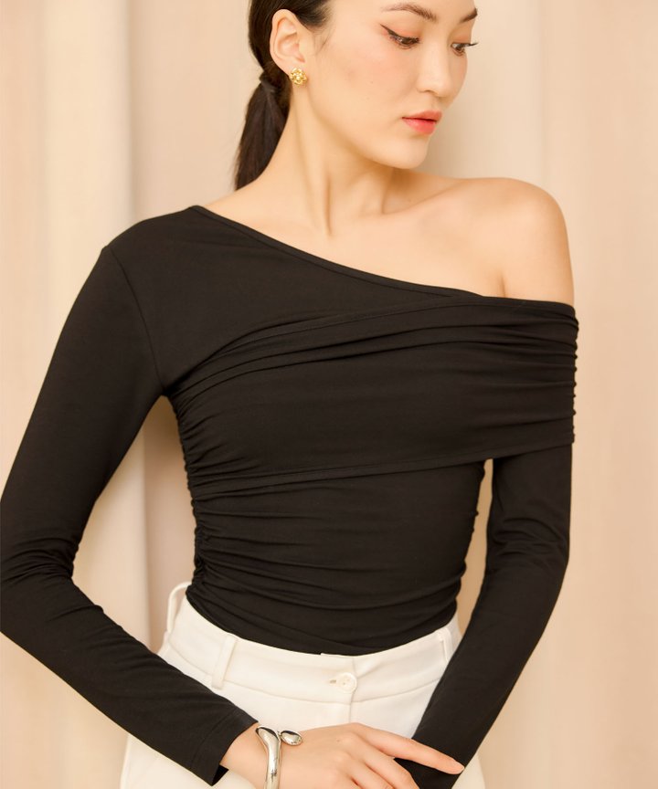 Martine Ruched Long-Sleeved Top - Black