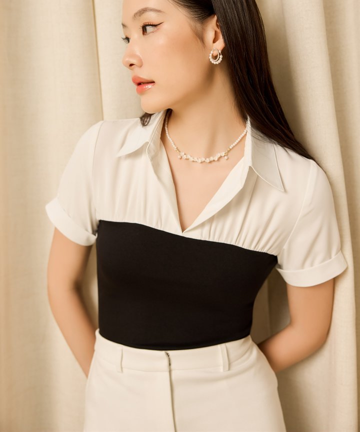 Bebe Contrast Blouse - Black (Restock)