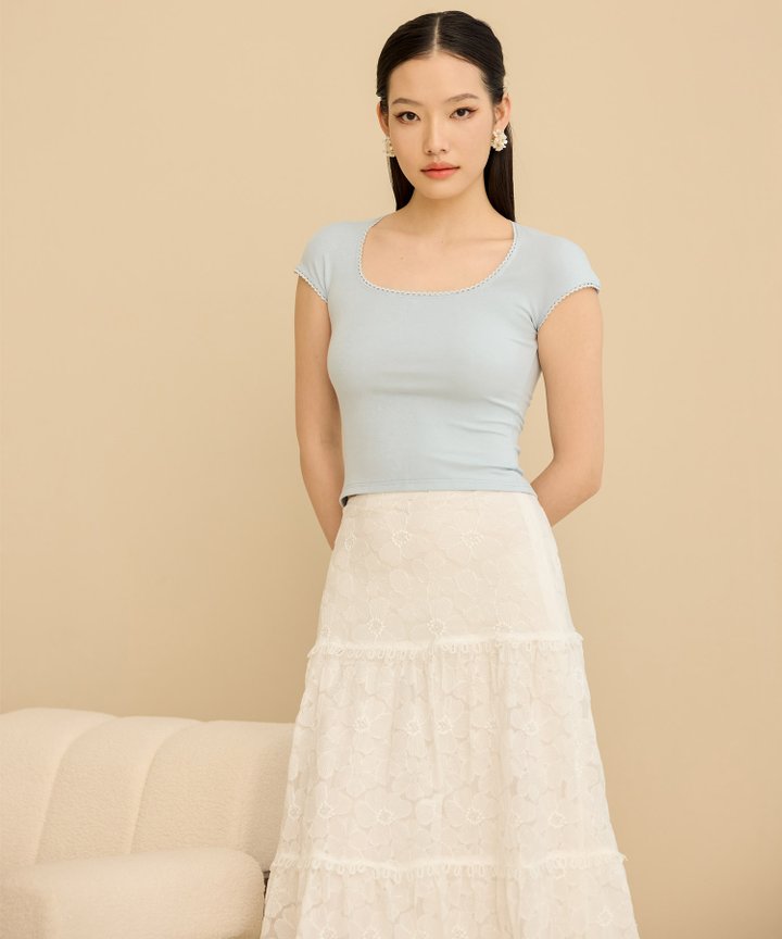 Larina Lace Trimmed Top - Powder Blue