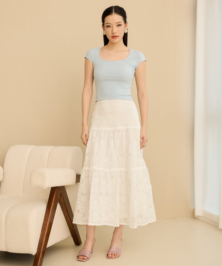 Larina Lace Trimmed Top - Powder Blue