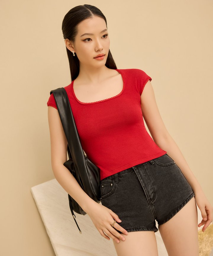 Larina Lace Trimmed Top - Valentine