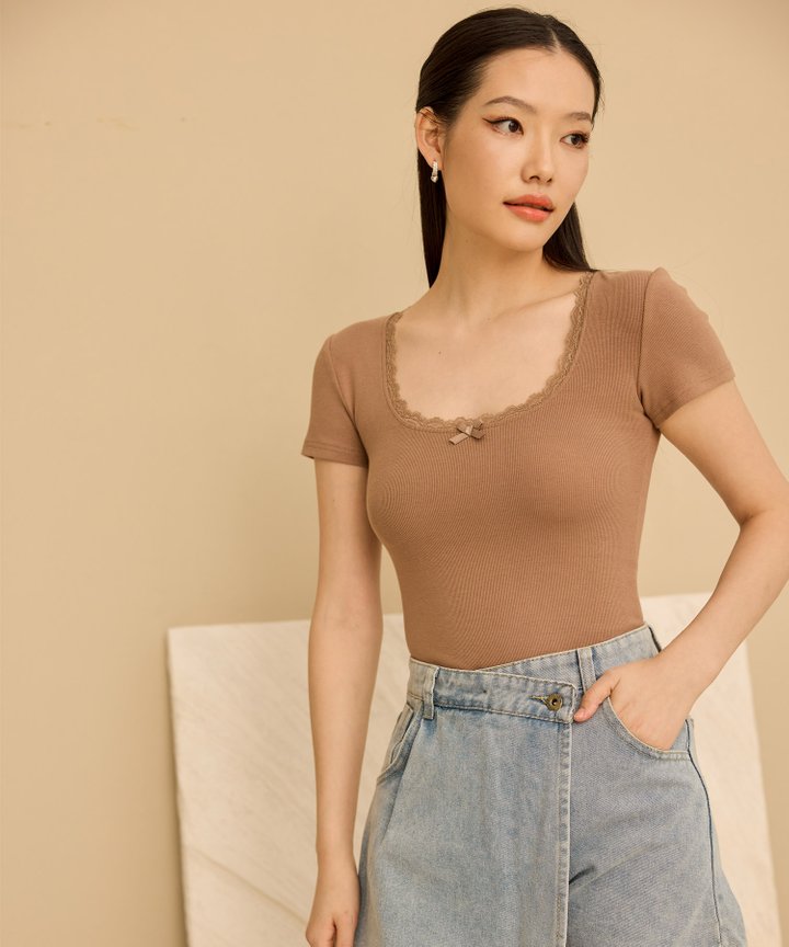 Mira Lace & Bow Top - Brown Sugar