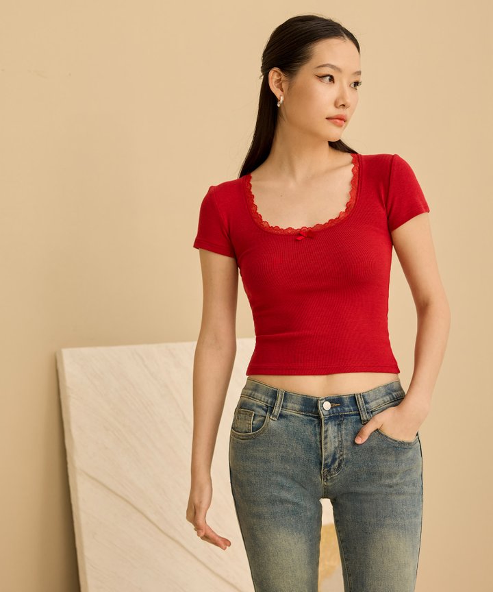 Mira Lace & Bow Top - Valentine