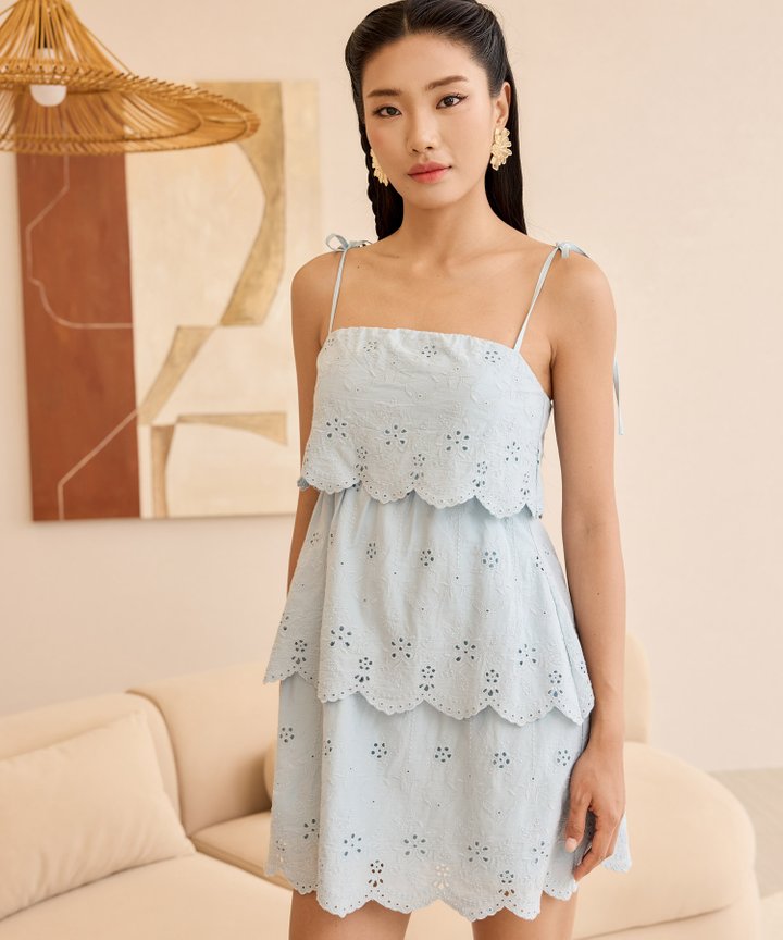 Florence Eyelet Tiered Dress - Pale Blue