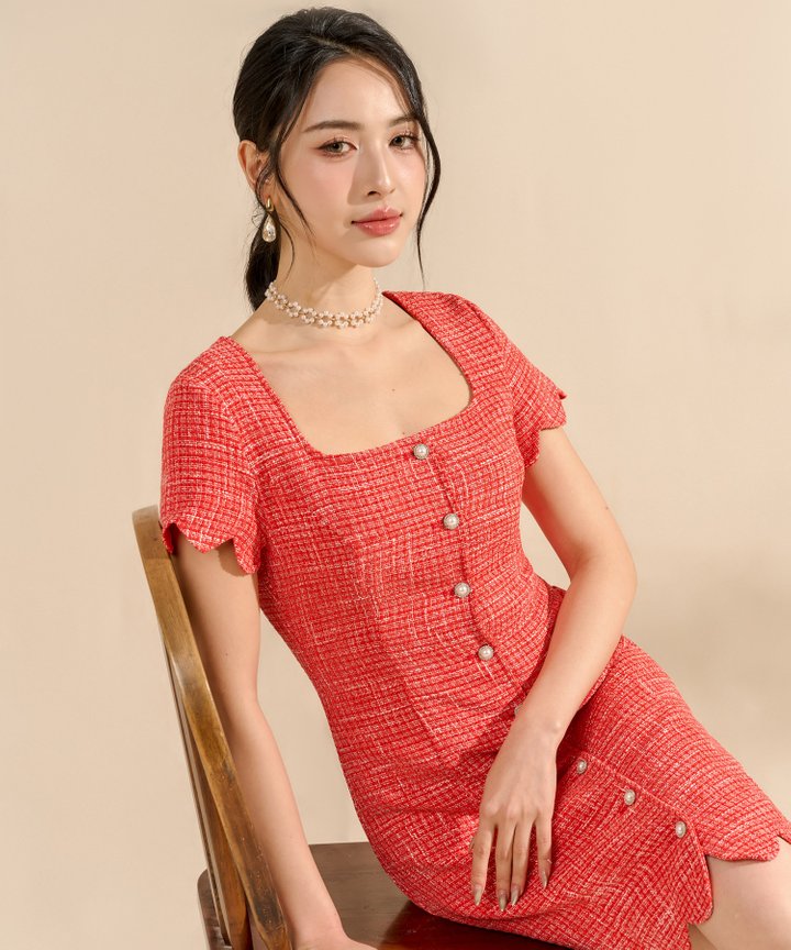 Pearl Tweed Mini Dress - Scarlet