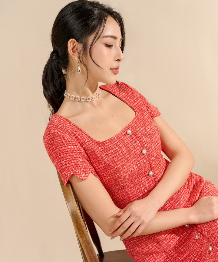 Pearl Tweed Mini Dress - Scarlet