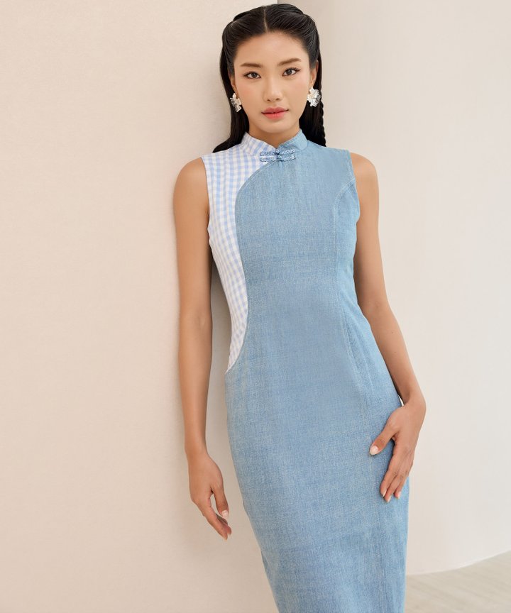 Shia Contrast Denim Cheongsam - Light Wash
