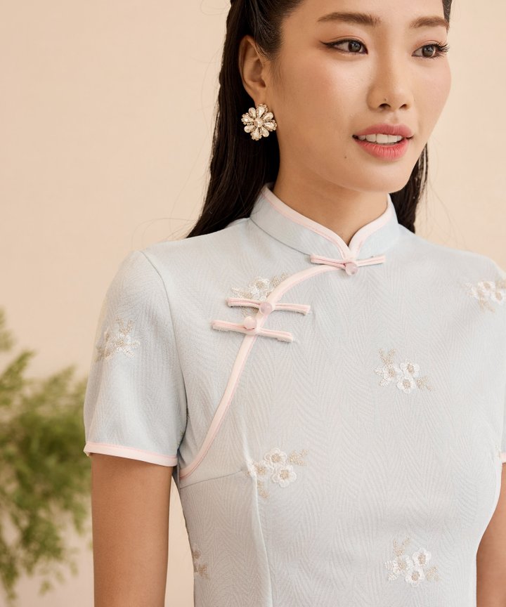Wisteria Embroidered Cheongsam - Powder Blue