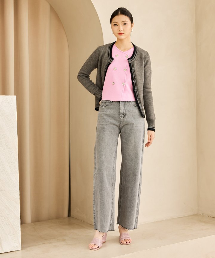 Dion Contrast Knit Cardigan - Grey