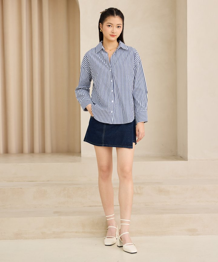 Terry Striped Oversized Shirt - Blue