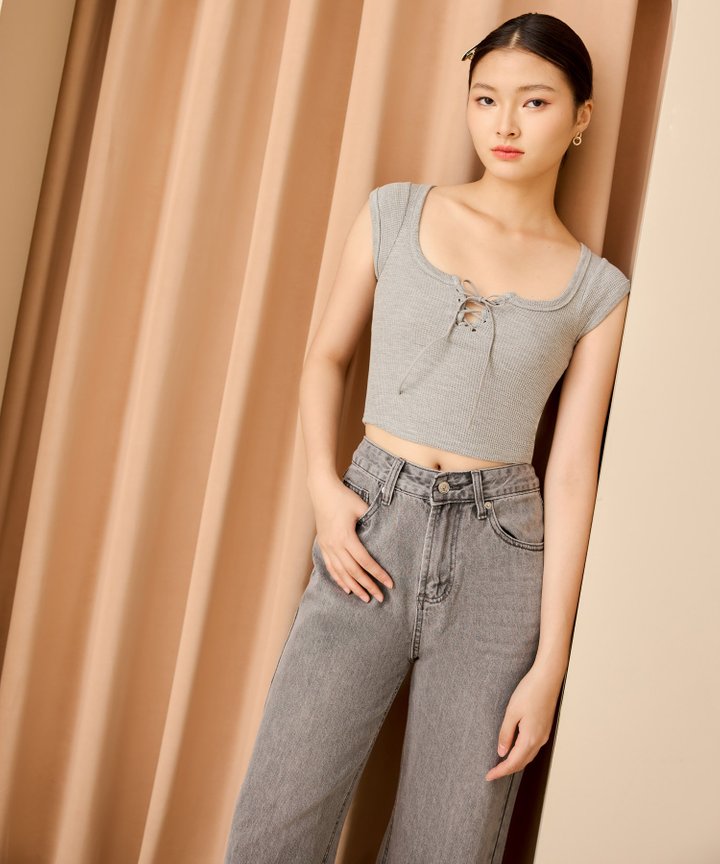 Jovi Lace Up Top - Grey