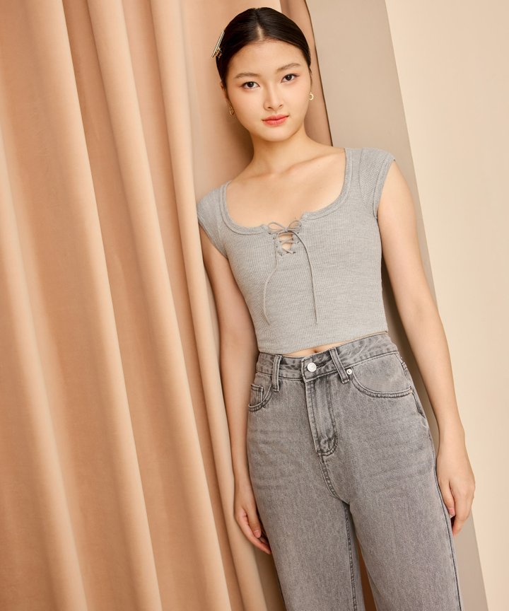 Jovi Lace Up Top - Grey