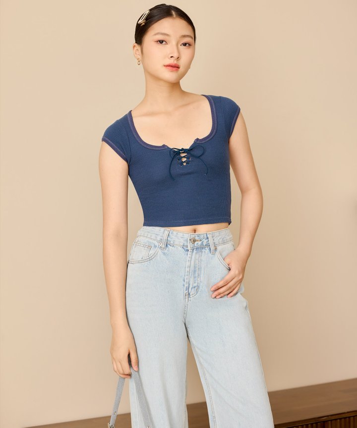 Jovi Lace Up Top - Navy