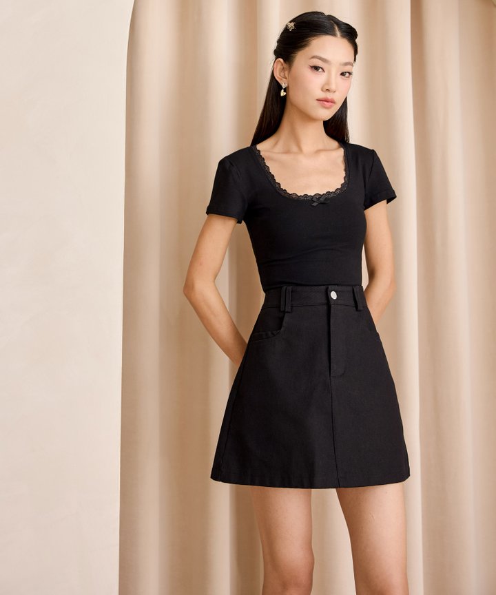 Mira Lace & Bow Top - Black