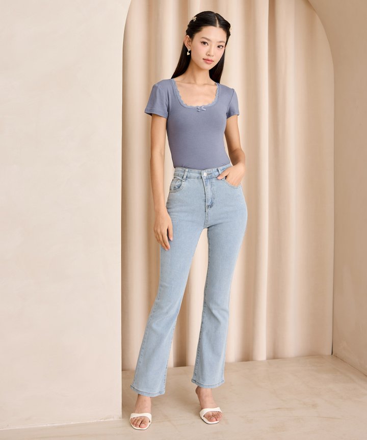 Mira Lace & Bow Top - Dust Blue