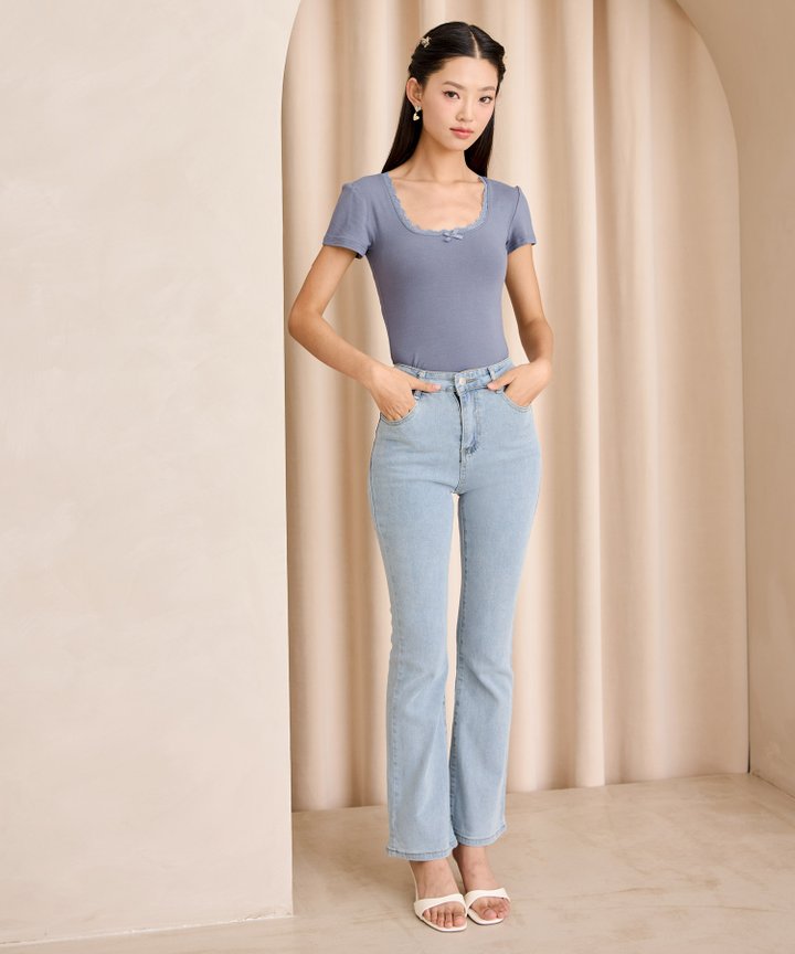 Mira Lace & Bow Top - Dust Blue