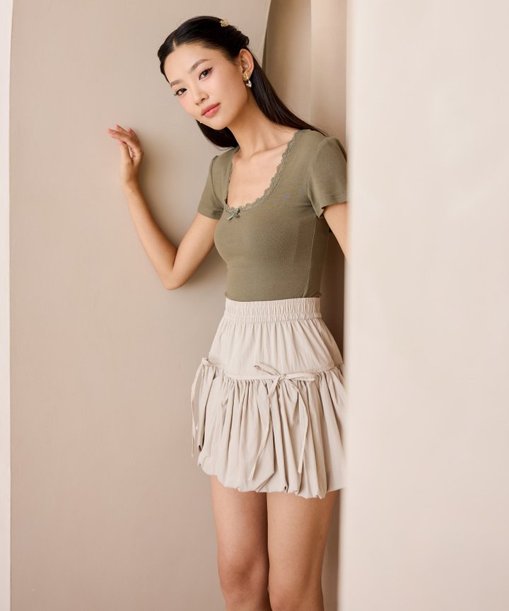 Mira Lace & Bow Top - Olive
