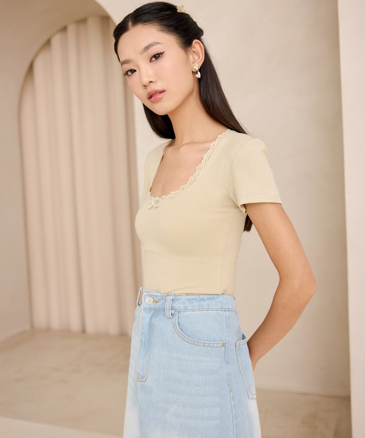 Mira Lace & Bow Top - Pale Sage