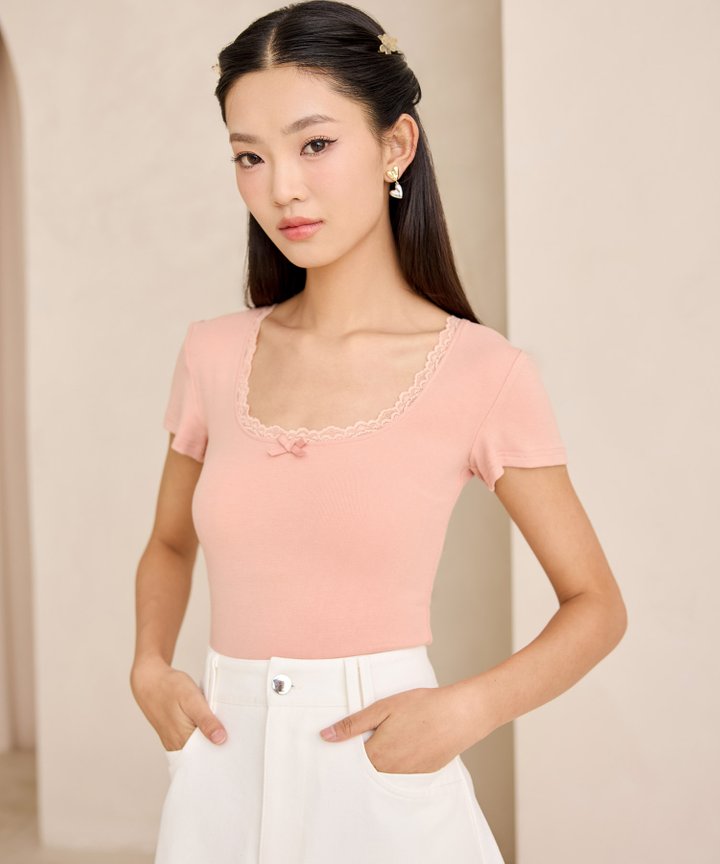 Mira Lace & Bow Top - Rose