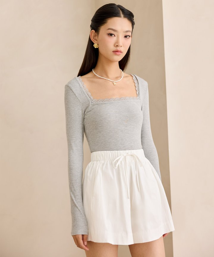 Blair Ribbed Lace Top - Heather Grey