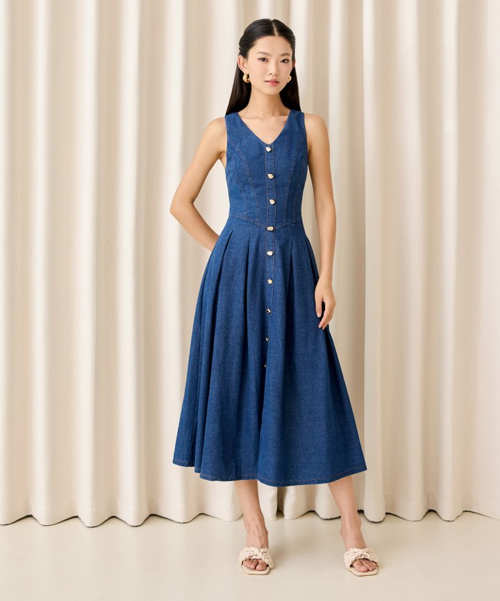 Dahlia Denim Midi Dress - Dark Blue