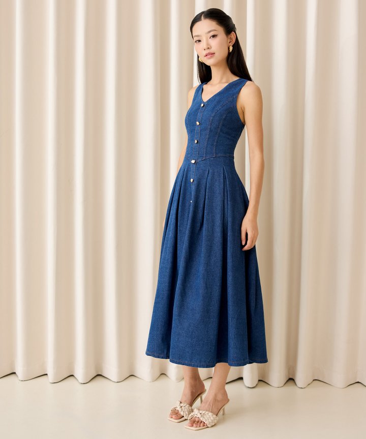 Dahlia Denim Midi Dress - Dark Blue