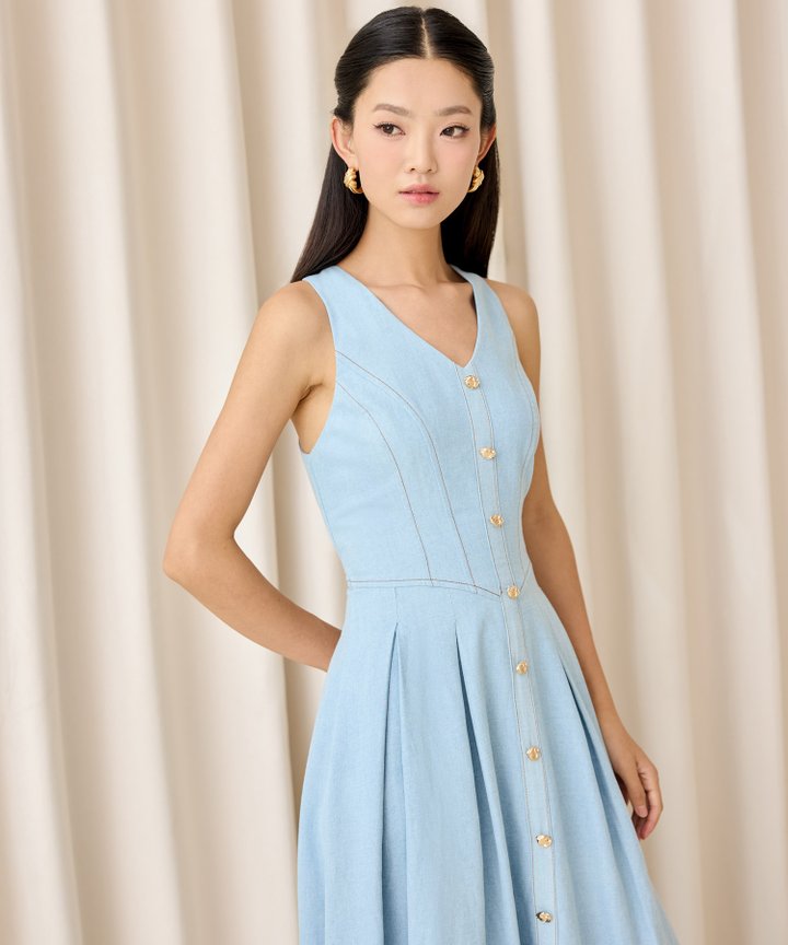 Dahlia Denim Midi Dress - Light Blue