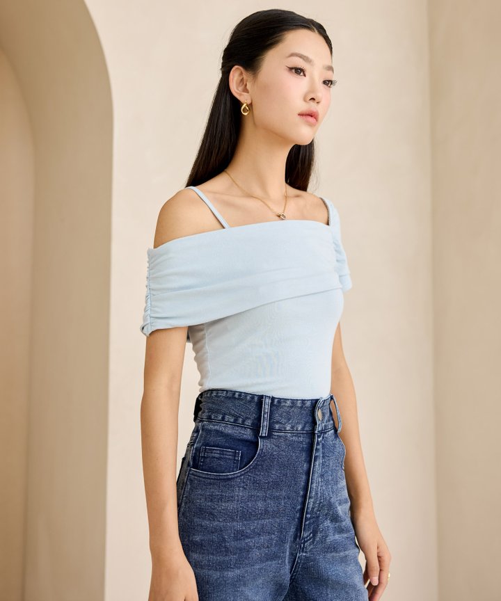 Freya Ruched Off-Shoulder Top - Pale Blue