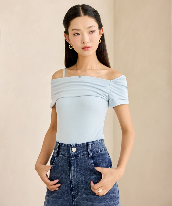 Freya Ruched Off-Shoulder Top - Pale Blue