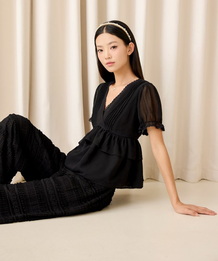 Iva Tiered Lace Blouse - Black